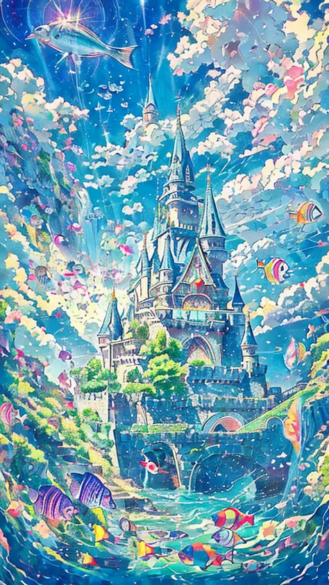 illustrations drawn with colored pencils、soft and gentle touch、a large school of colorful small fish、fly in the sky、floating cas...