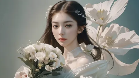 wearing a white dress、arapad woman with flowers，julian&#39;fine art painting，two-half，，inspired by zhang jingna，portrait，chassis...