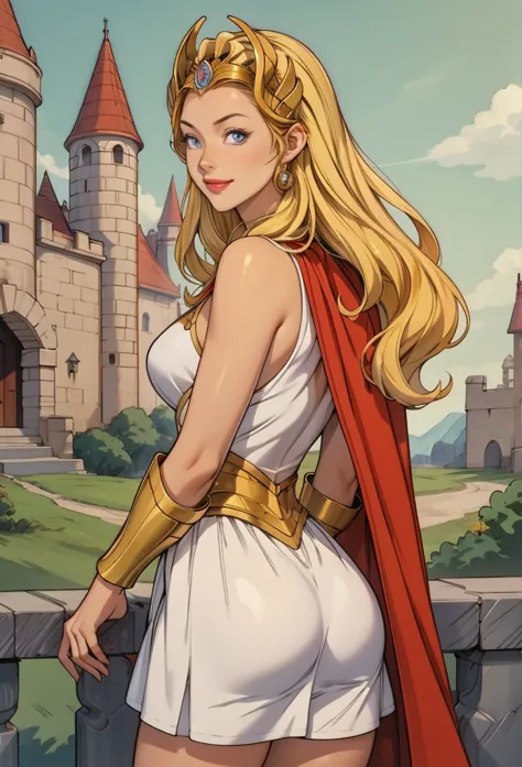 perfect eyes:1.2, detailed eyes:1.4, smile, she-ra, blonde hair, blue eyes, golden tiara, white dress, white skirt, golden armou...