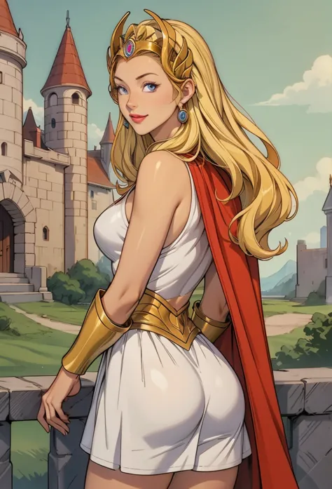 perfect eyes:1.2, detailed eyes:1.4, smile, she-ra, blonde hair, blue eyes, golden tiara, white dress, white skirt, golden armou...