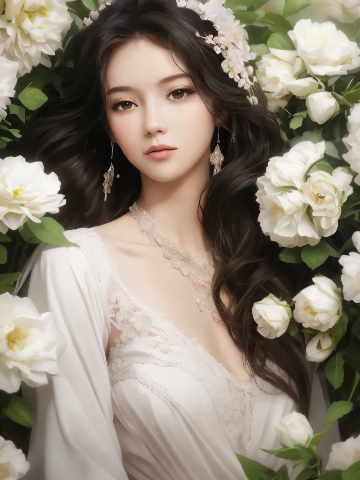 1 flat chested girl，closeup of face，black color hair，floating hair，Blurry Beauty，Very beautiful facial features，Light gauze texture embroidered dress，A fresh and soft gauze dress，surrounded by flowers，surrounded by flowers，white flowers，pink flower，Flowers cover the right eye，얼굴에 soft light，complete anatomy，（flat and thin body，Small underlining and flat，Most flat），（colorful flowers，（spring， Rainy Day， Stepped， mountain range）， Simple vector art， Contemporary Chinese Art， soft light，Overlooking