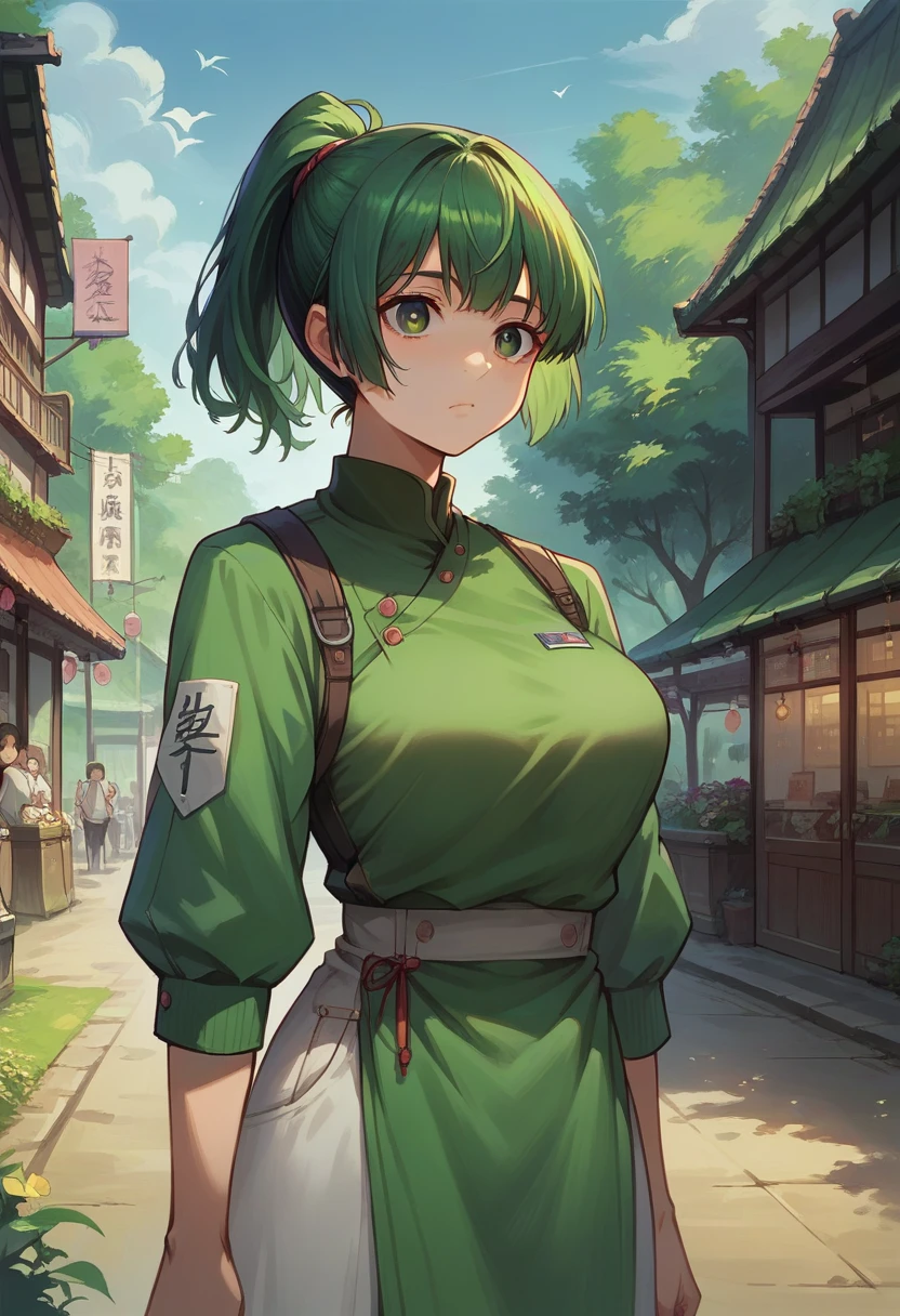 score_9, score_8_up, score_7_up, score_6_up, masterpiece, best quality, Anime_source, anime girl, 1 girl, solo, maki zenin , background is outside, detailed eyes, green hair, ponytail, big breast