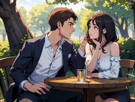 man and woman, sitting beside a tree, romantic conversation, joy, (insanely detailed, perfect faces, upper body)