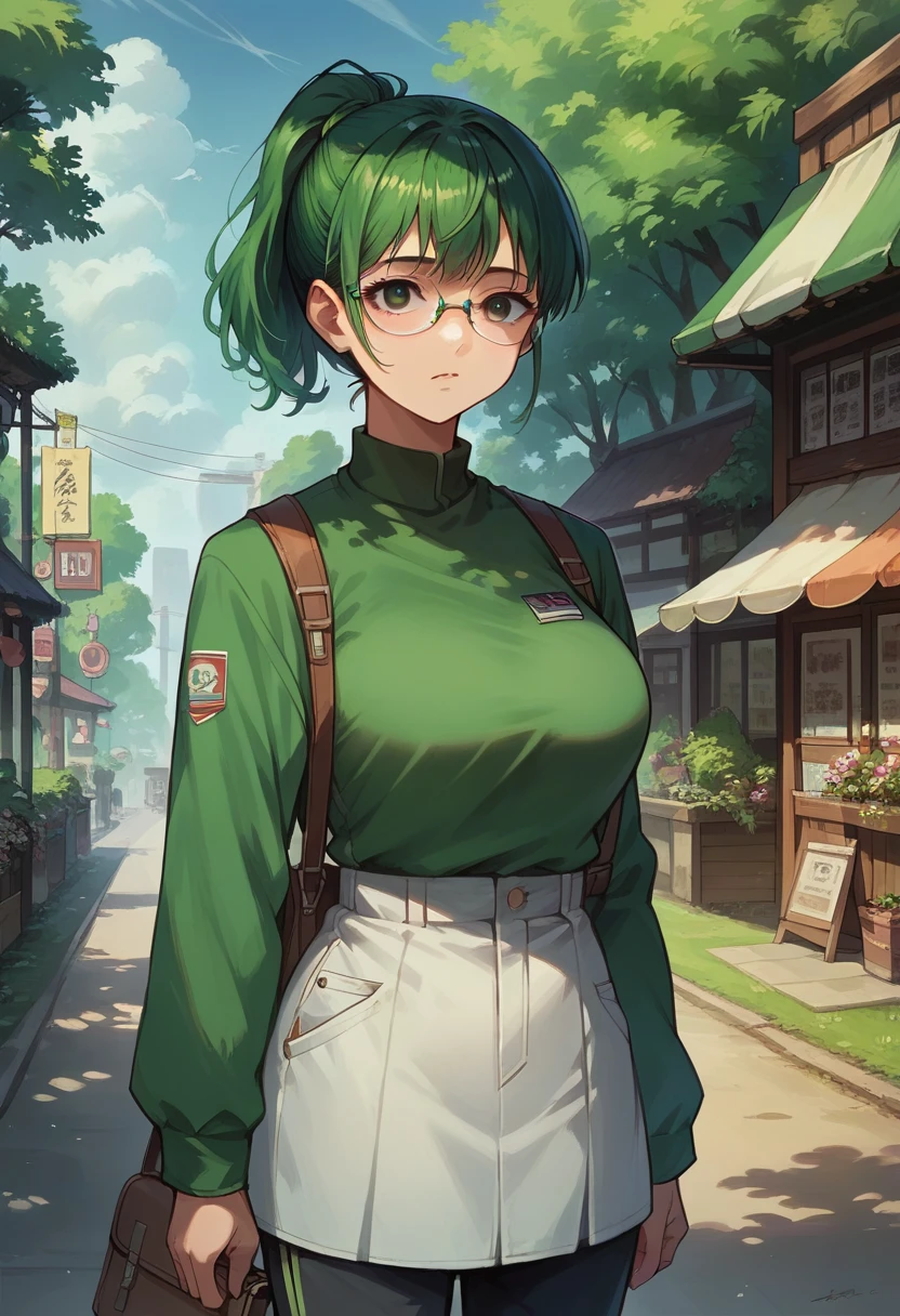 score_9, score_8_up, score_7_up, score_6_up, masterpiece, best quality, Anime_source, anime girl, 1 girl, solo, maki zenin , background is outside, detailed eyes, green ponytail hair, glasses, big breast