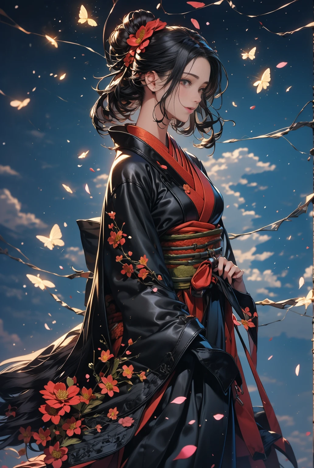 full-body shot, (character centered: 1.3), (delicate skin: 1.3), sharp focus, (extremely beautiful facial features: 1.4), (black kimono: 1.3), (over-knee black leather shoes: 1.3), hand resting on chin, (perfect hands: 1.2), (fluffy messy hair: 1.4), (top quality: 1.3), (elegant: 1.3), traditional Japanese elements, dreamy atmosphere, floral decorations, (red obi belt: 1.3), intricate knot, white flower, focused on falling feathers, (dark fox motif: 1.2), genius girl, (scattered petals in background: 1.2), (vibrant colors: 1.4), bright, high saturation, high contrast, (ultra fine details: 1.3), (realistic light decay: 1.3), realistic light reflection, (spotlight effect: 1.3), rim lighting, (glow effects: 1.2), (entangled scarf: 1.3), Chinese landscape, ((hot spring)), (blizzard), (fireflies), (paper kite), (midnight), (moon), mountaintop shrine, ((flowers)), beautiful scenery, realistic lighting, masterpiece, best quality, ultra highres, original, extremely detailed, perfect lighting, depth from near to far, rita_umbralrose, iulje