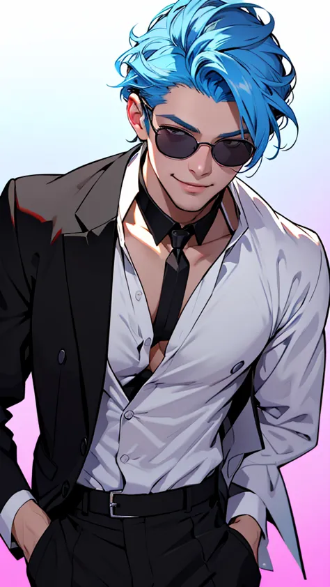 alone、i have candy、black suit、he wore a white open shirt that showed his collarbone.、smooth blue hair that reaches down to her b...