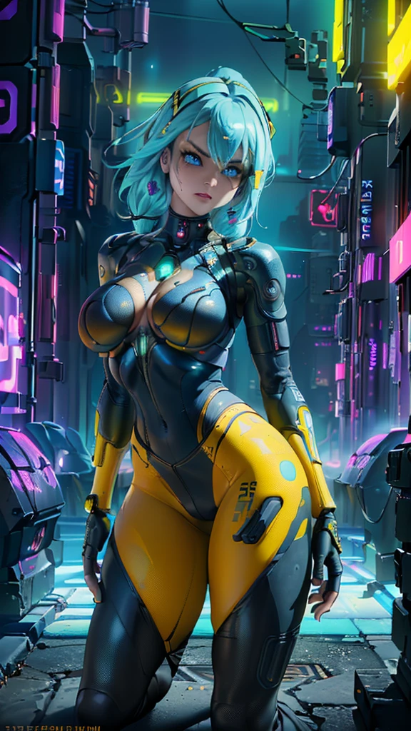 the highest quality))、((masterpiece)、cyberpunk、big glutes、Kneel down、Electronic visor attached to the face of a  with emphasis on the buttocks、Red latex body.,modo cyberpunk、pose sexy、(Wear yellow leggings on the lower body、breast enlargement、Neon lights in the dark city at night.,unreal engine:1.4,HD,La Best Quality:1.4, photorealistic:1.4, skin texture:1.4, masterpiece:1.8,masterpiece, Best Quality,（beautiful blue eyes ）,( neon yellow cyborg),(Perfect anatomy),convex ,(Detailed fingers),white cyborg latex bodysuit, (cyberpunk 2.1) ,*long blue hair:1.4), (green cyborg schoolgirl miniskirt:1.4) 