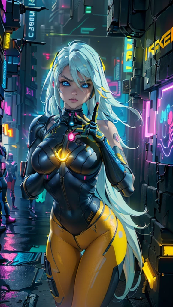 the highest quality))、((masterpiece)、cyberpunk、big glutes、Kneel down、Electronic visor attached to the face of a  with emphasis on the buttocks、Red latex body.,modo cyberpunk、pose sexy、(Wear yellow leggings on the lower body、breast enlargement、Neon lights in the dark city at night.,unreal engine:1.4,HD,La Best Quality:1.4, photorealistic:1.4, skin texture:1.4, masterpiece:1.8,masterpiece, Best Quality,（beautiful blue eyes ）,( neon yellow cyborg),(Perfect anatomy),convex ,(Detailed fingers),white cyborg latex bodysuit, (cyberpunk 2.1) ,*long blue hair:1.4), (green cyborg schoolgirl miniskirt:1.4) 