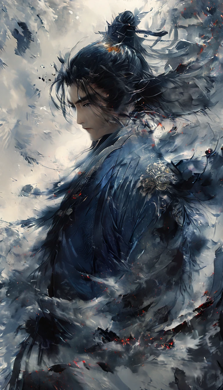 a realistic poster of a young agile and short male samurai, with a pair of wakizashi, with black hair in a bun, his white and blue clothes and armor, decorated with air and feather motifs., dark mood ::2 multi-layered compositions, uhd image intricate patterns and details ::1 dramatic ilumination, Chinese ink, wash technique, a katana very detailed, splatter ink, black and white, black and white still, digital Art, perfect composition, beautiful detailed intricate insanely detailed, octane render trending on artstation, 8 k artistic photography, sumi-e concept art, soft natural volumetric cinematic perfect light, chiaroscuro