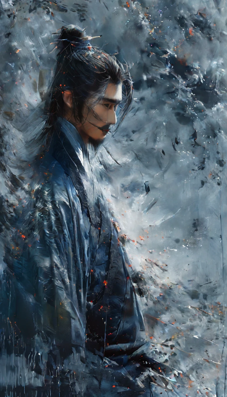 a realistic poster of a 20 years old, agile and short male samurai, with a pair of wakizashi, with black hair in a bun, his white and blue clothes and armor, decorated with air and feather motifs., dark mood ::2 multi-layered compositions, uhd image intricate patterns and details ::1 dramatic ilumination, Chinese ink, wash technique, a katana very detailed, splatter ink, black and white, black and white still, digital Art, perfect composition, beautiful detailed intricate insanely detailed, octane render trending on artstation, 8 k artistic photography, sumi-e concept art, soft natural volumetric cinematic perfect light, chiaroscuro