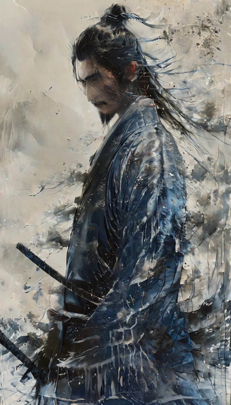 a realistic poster of a 20 years old, agile and short male samurai, with a pair of wakizashi, with black hair in a bun, his white and blue clothes and armor, decorated with air and feather motifs., dark mood ::2 multi-layered compositions, uhd image intricate patterns and details ::1 dramatic ilumination, Chinese ink, wash technique, a katana very detailed, splatter ink, black and white, black and white still, digital Art, perfect composition, beautiful detailed intricate insanely detailed, octane render trending on artstation, 8 k artistic photography, sumi-e concept art, soft natural volumetric cinematic perfect light, chiaroscuro