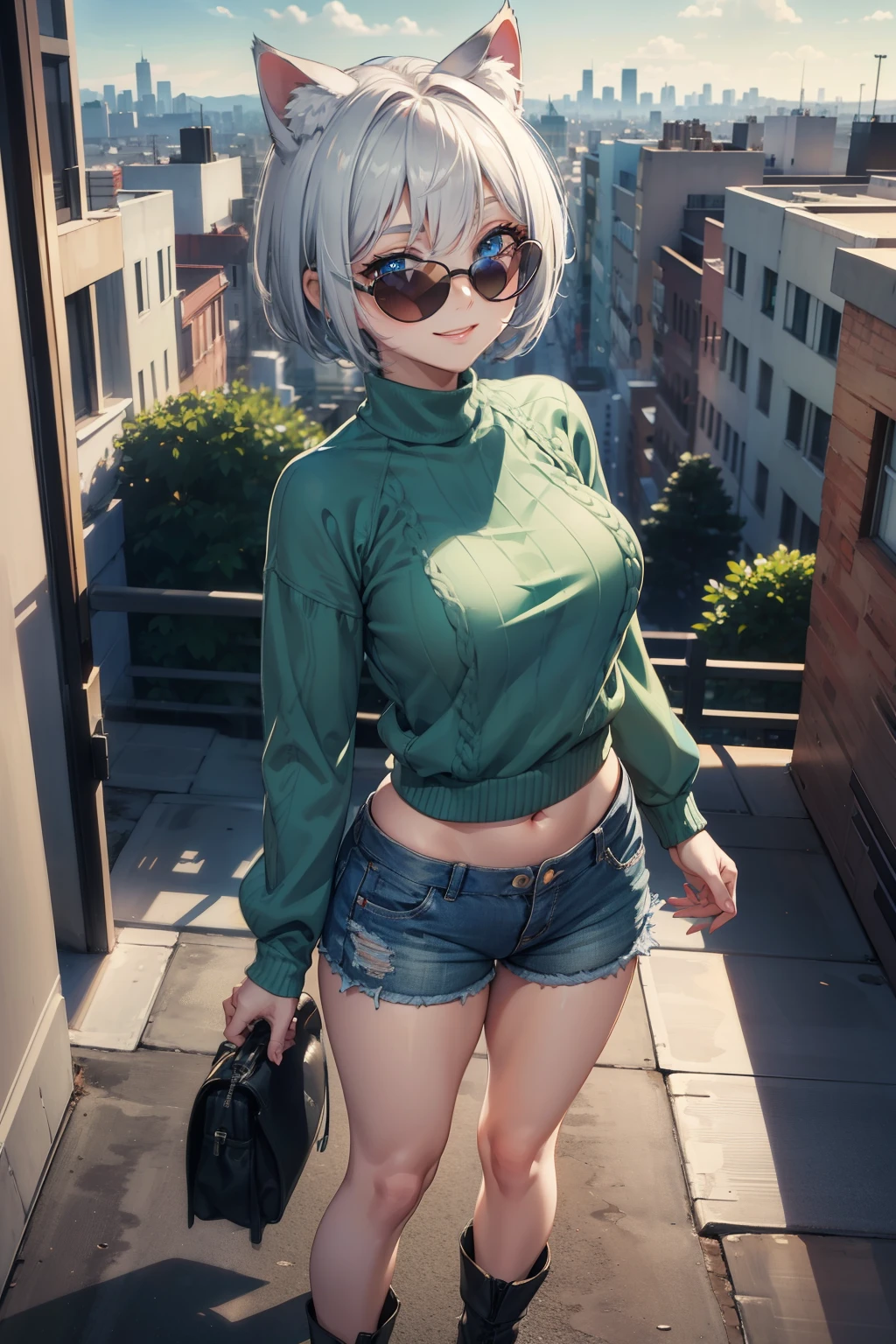 (masterpiece), (best quality), (High quality), high resolution, BREAK expressive eyes, perfect face, 1girl, grey cat ears: 1.5, medium hair, grey hair, pixie cut, BREAK, (big eyes, perfect eyes, blue eyes, thick eyelashes, thin eyebrow, BREAK short height, slim bulid,  happy smile, medium breasts, BREAK green cropped sweater: 1.4, black shorts: 1.4, heart shaped sunglasses, BREAK standing, cowboy shot, full body, view from above, (city background), looking at the viewer