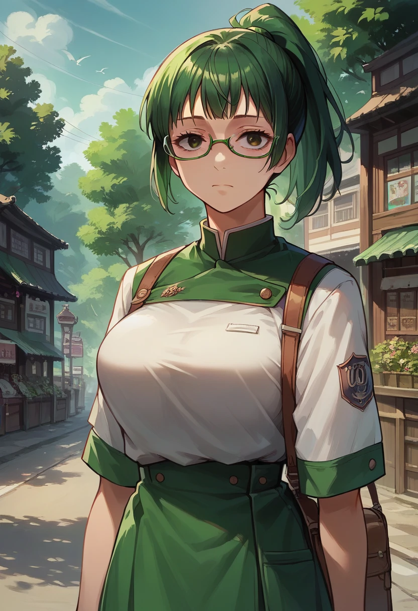 score_9, score_8_up, score_7_up, score_6_up, masterpiece, best quality, Anime_source, anime girl, 1 girl, solo, Maki , background is outside, detailed eyes, green ponytail hair, glasses, big breast