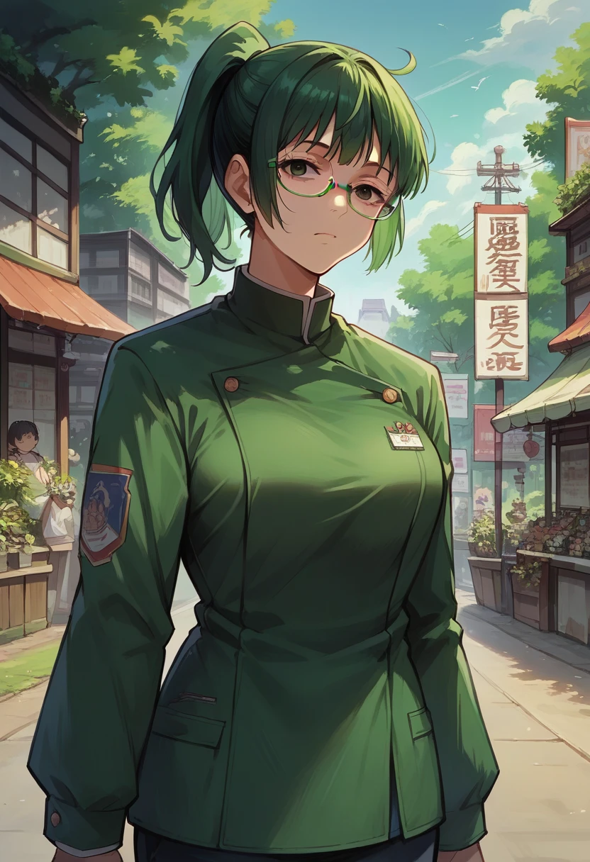 score_9, score_8_up, score_7_up, score_6_up, masterpiece, best quality, Anime_source, anime girl, 1 girl, solo, Maki , background is outside, detailed eyes, green ponytail hair, glasses, big breast