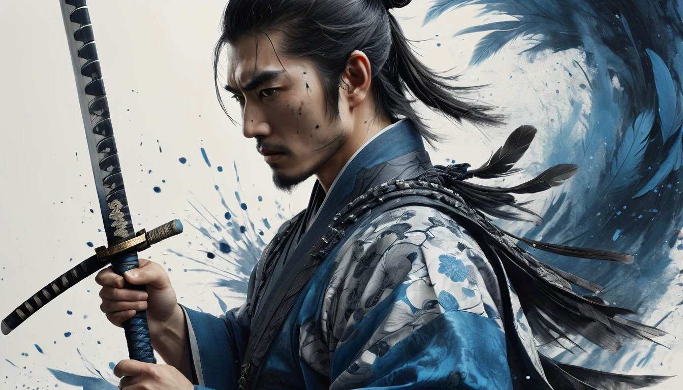 a realistic poster of a young agile and short male samurai, with a pair of wakizashi, with black hair in a bun, his white and blue clothes and armor, decorated with air and feather motifs., dark mood ::2 multi-layered compositions, uhd image intricate patterns and details ::1 dramatic ilumination, Chinese ink, wash technique, a katana very detailed, splatter ink, black and white, black and white still, digital Art, perfect composition, beautiful detailed intricate insanely detailed, octane render trending on artstation, 8 k artistic photography, sumi-e concept art, soft natural volumetric cinematic perfect light, chiaroscuro