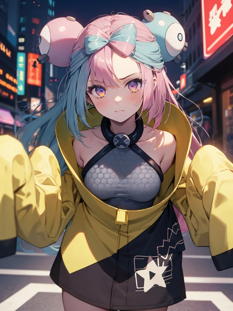 masterpiece, Highest quality, Perfect Face, Highest Resolution, Highest quality,Detailed depiction of the eyes, 8k, One Girl, Long Hair, Yellow Jacket, Long sleeve, hair ornaments, Future City, neon street