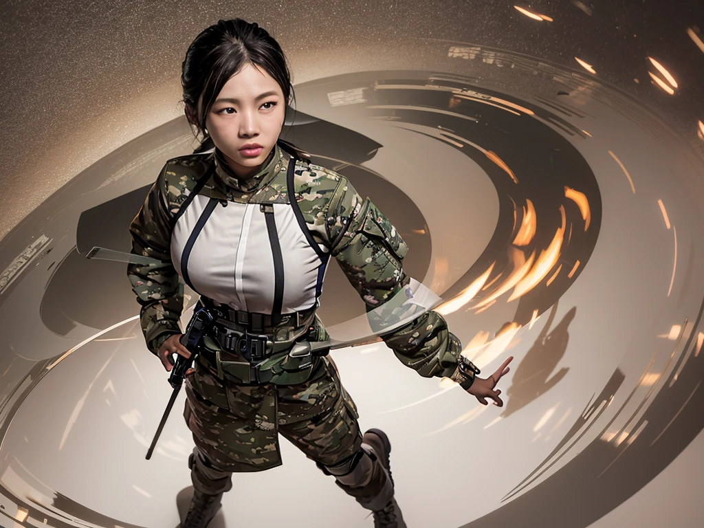 360-degree rotating full-view full-body clear high-definition full-view scene:A female soldier wearing a Chinese People&#39;s Liberation Army Type 98 tights, white military gloves on her hands, and black military boots on her feet