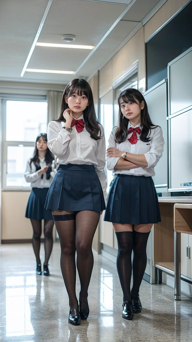 Ultra-high resolution, Realistic, Very detailed, Golden Ratio, Highest quality, 4人はAre standing姿の全身ショット, (promotional photoshoot), (Are standing), 4人がハイヒールを履いて床にAre standing, (Four beautiful female teachers with exemplary figures), Beautiful Face, (Realisticな face), (blondeのショートカット:1.3), Japanese blonde, blonde, short hair, hair band, Glare, Frowning, Drooling, Long Tongue, Verbal invitation, Compensate, Frowning, Frowningをする, Surrealism, First Person View, First Person View, Wide-angle, Ultra-high resolution, Anatomically correct, Very detailedな, 16K, (Four beautiful female teachers,Standing side by side), The four of them are wearing the same uniform.., Navy blue uniform with ribbon shirt, (She is wearing a navy blue micro mini uniform.), (Not exposed), Not see-through, (wide thighs), (Very long legs), (Micro tight mini skirt), ((Shiny black stockings thighs)), (The black stockings have no pattern..), (Wearing brown high heel loafers), Accurate high heels, 