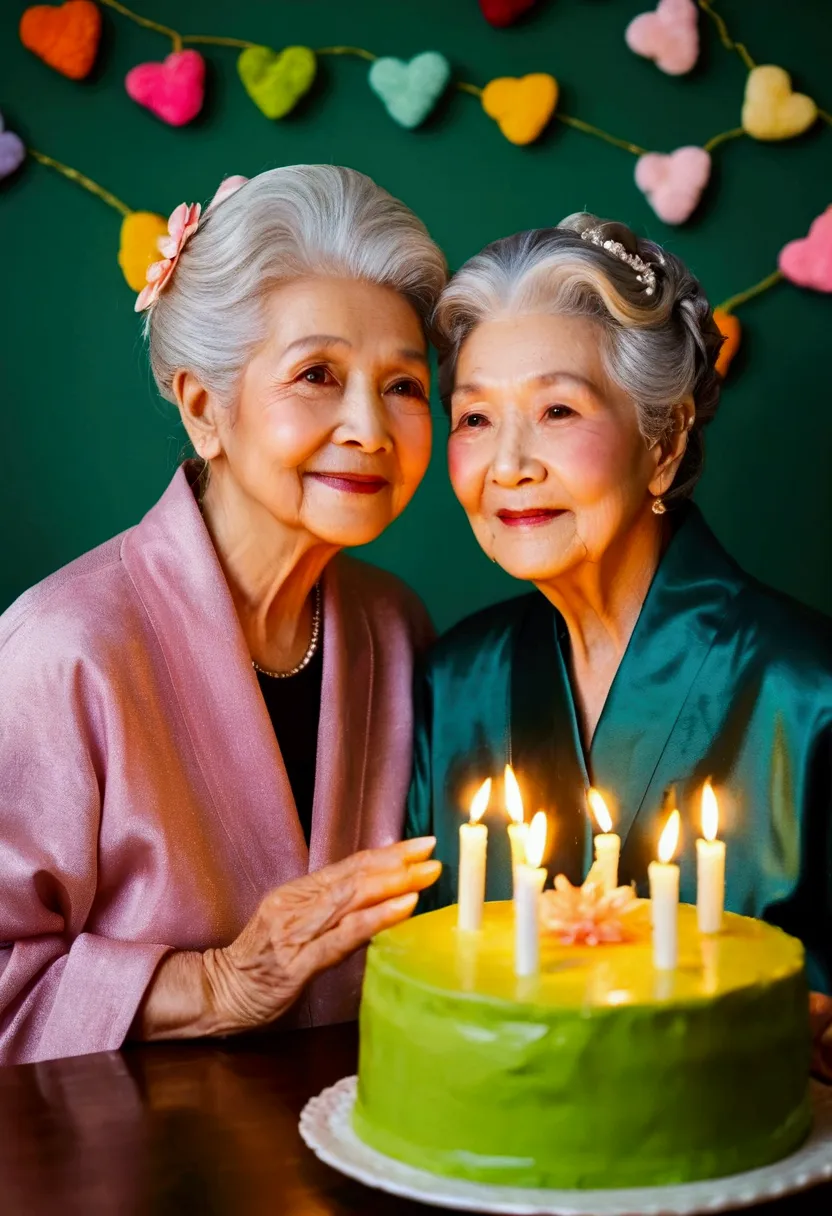 two 80-year-old grandmothers just relying on each other，exquisite makeup，celebrate a birthday ，("happy birthday" background wall...