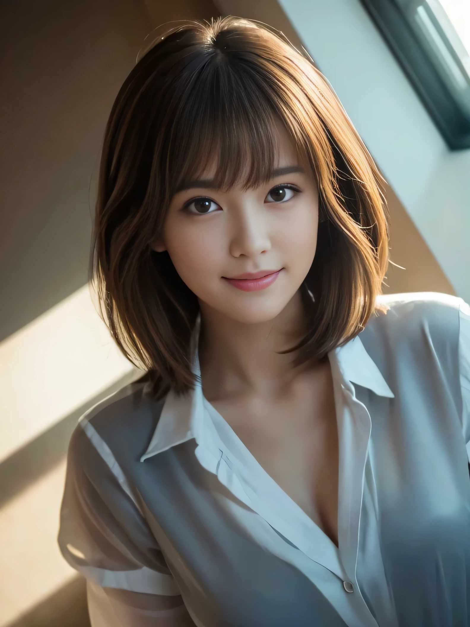 (Highest quality,8K quality,masterpiece:1.3),(Ultra-high resolution,Realistic:1.4,Live Shooting),(Very detailed,Caustics),(Ultra-Realistic Capture,Beautiful and detailed skin),1,Beautiful Japanese, Medium Hair, Messy Hair, Asymmetrical bangs, Brown Hair, I'm looking at the camera with a smile on my face,Soft Light,A ray of light shining from above,Natural light, View from the knee up,Sitting,