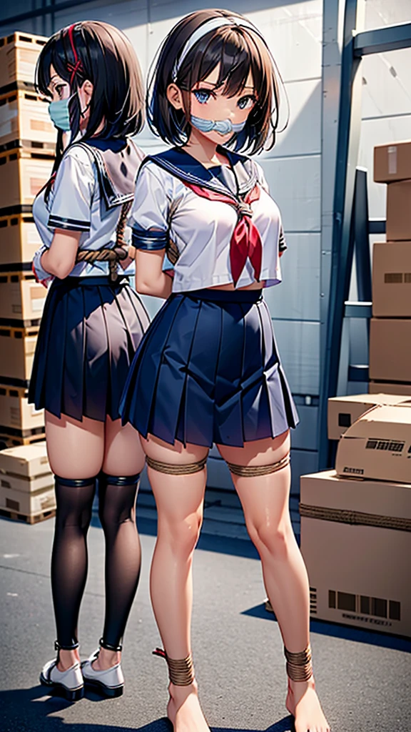 chyuri, clv, ((Three high school girls tied up and confined in a warehouse))、(Highly detailed CG Unity 8k), (highest quality)，(Very detailed)，(Ultra-high resolution), ((two women)), gag,Sailor suit, rope bondage, breasts rope bondage, hands back rope bondage, leg rope bondage, thigh rope bondage, bust rope bondage, feet rope bondage, ((Hands behind the back)), ((Wrists tied behind back)), ((Ankle binding)), 白い布でgag, Navy Blue Skirt, Black Hair, The first one has long hair, The second one is a bob cut, The third person has semi-long hair., BDSM, ((White headband)),