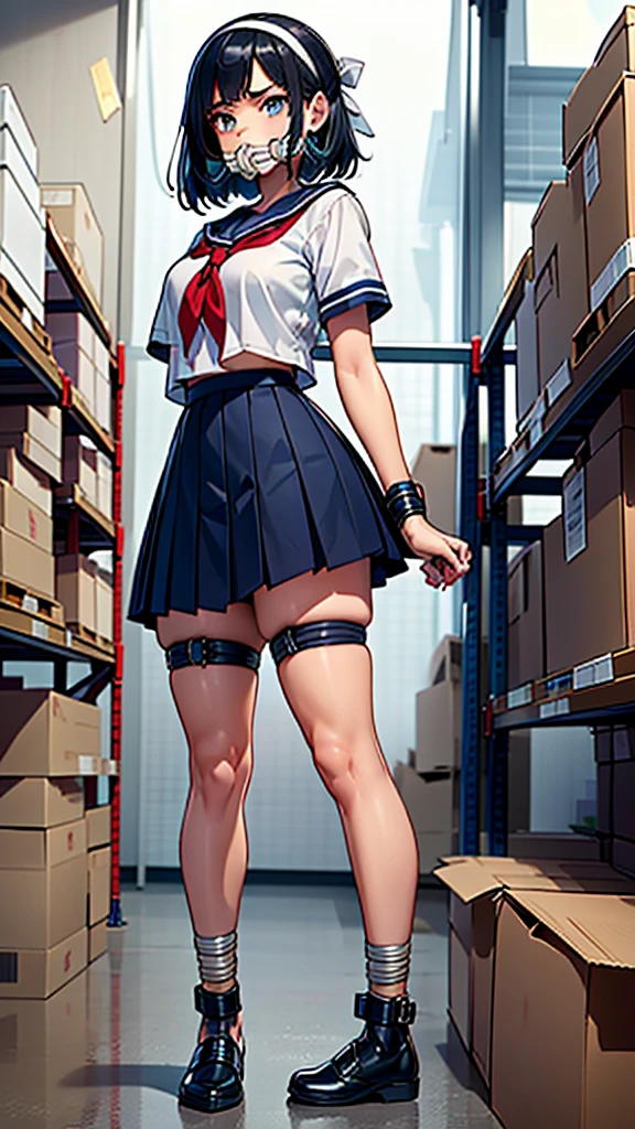 chyuri, clv, ((Three high school girls tied up and confined in a warehouse))、(Highly detailed CG Unity 8k), (highest quality)，(Very detailed)，(Ultra-high resolution), ((two women)), gag,Sailor suit, rope bondage, breasts rope bondage, hands back rope bondage, leg rope bondage, thigh rope bondage, bust rope bondage, feet rope bondage, ((Hands behind the back)), ((Wrists tied behind back)), ((Ankle binding)), 白い布でgag, Navy Blue Skirt, Black Hair, The first one has long hair, The second one is a bob cut, The third person has semi-long hair., BDSM, ((White headband)),