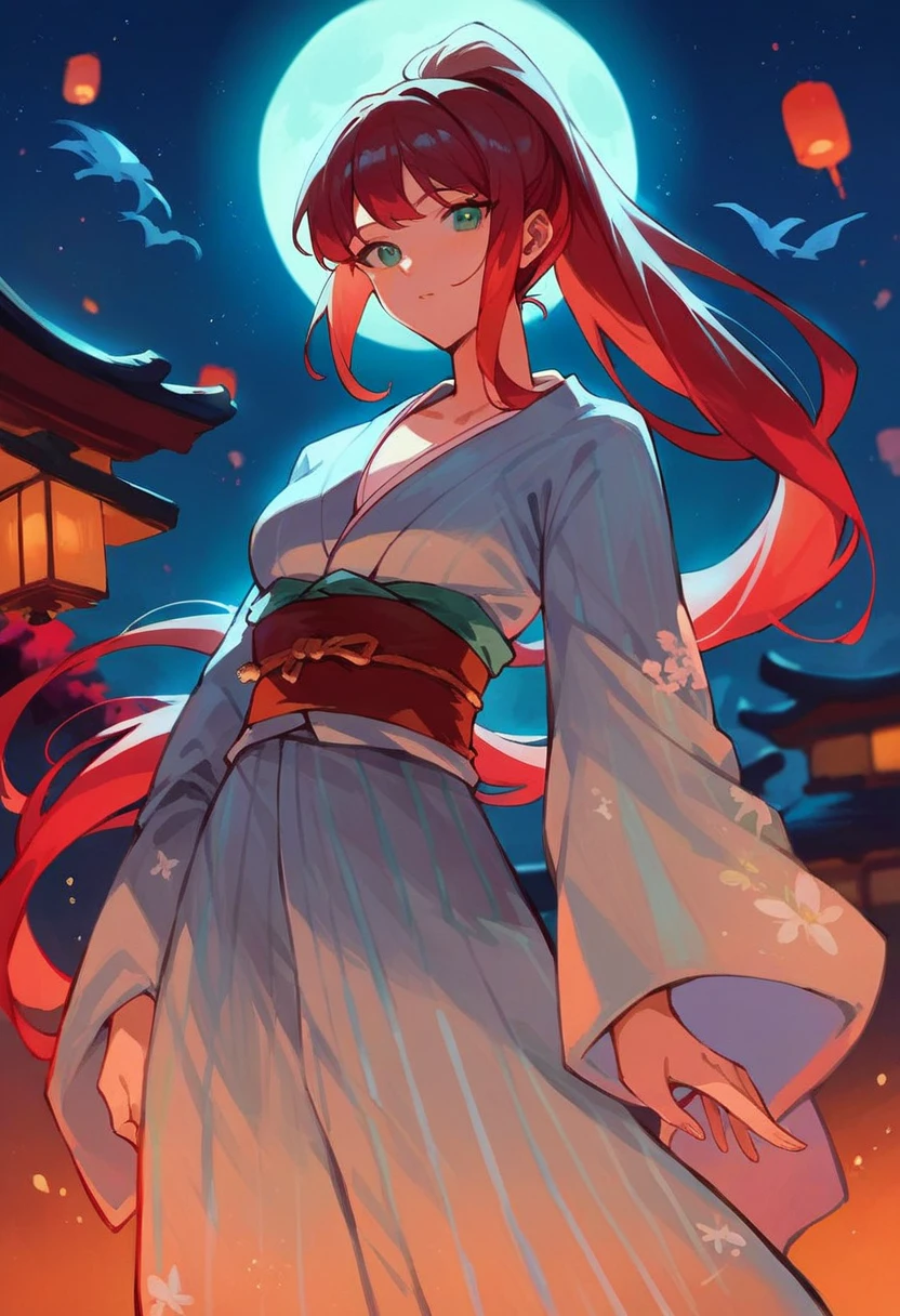 score_9, score_8_up, score_7_up, score_6_up, source_アニメ, rating_explicitn, One anime-style woman, Red hair, Long Ponytail, Green Eyes, Woman in kimono, Light blue yukata, Night Sky, Riverbank, full moon