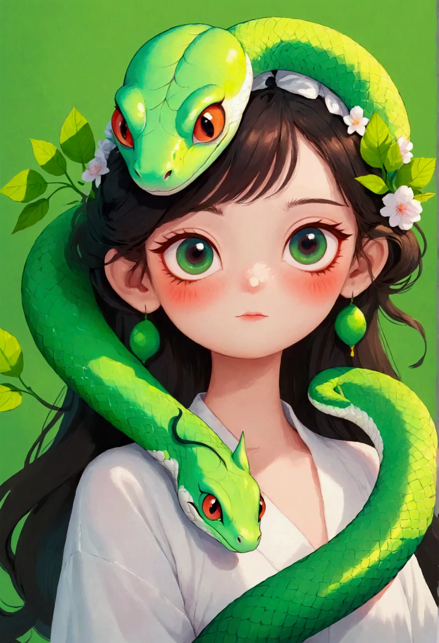 cartoon，cute，a beautiful girl，1 green snake on head