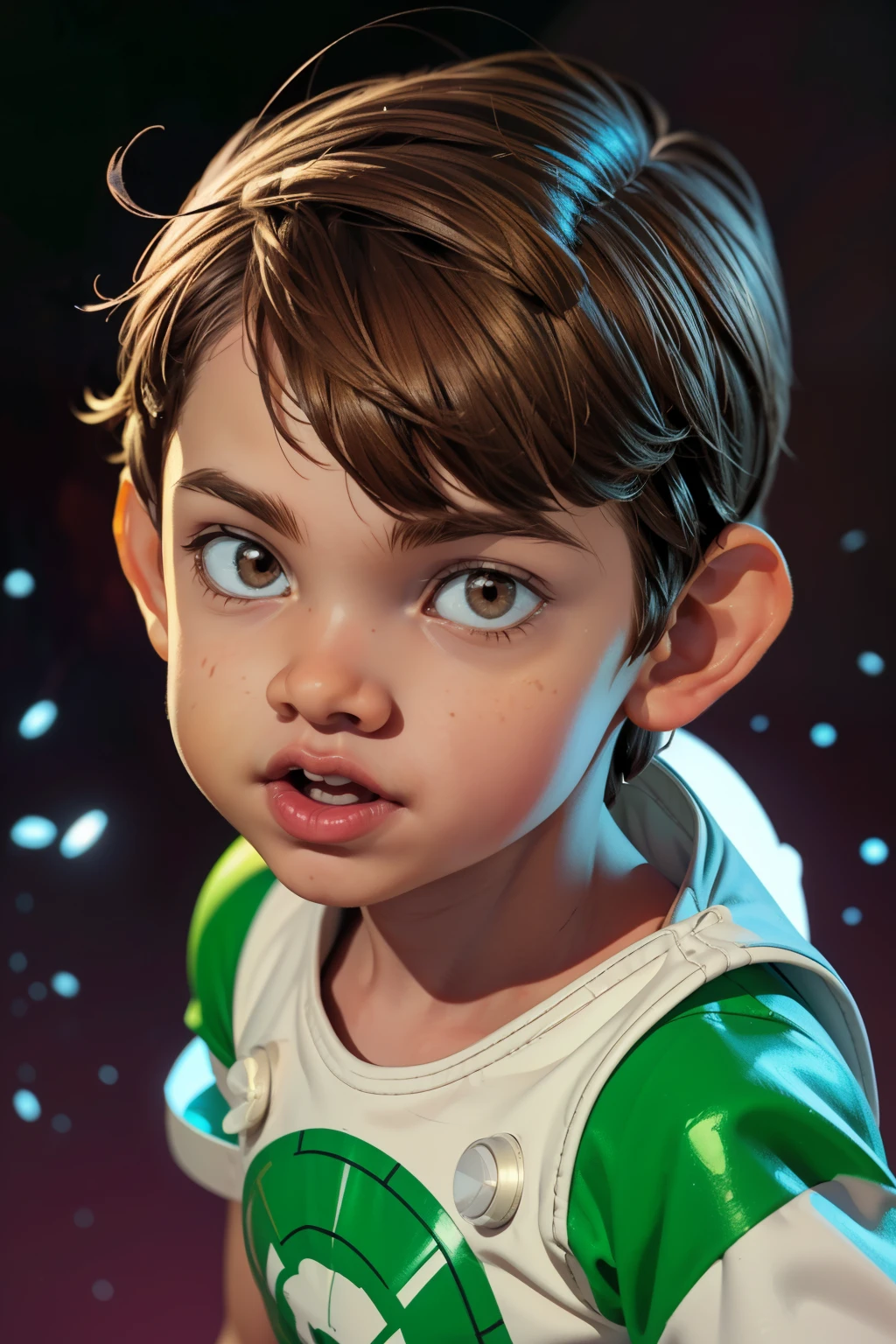 Cinematic Cartoon style. Comic art. TME0224 face, (((a boy, 6yo))) in a funny night, brown eyes, (((wearing a classic white Ben 10 costume))). (((Comic abstract background))). cinematic lighting, drop shadow, masterpiece, UHD, anatomically correct, textured skin, super detail, high details, high quality, best quality, 4K