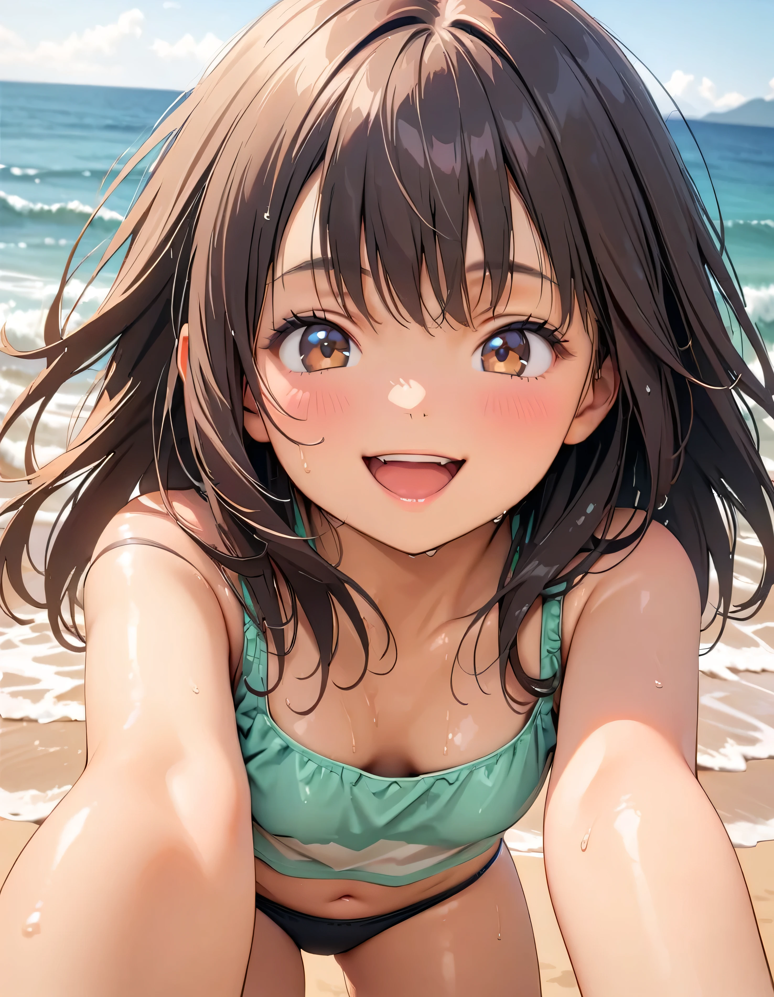 (Highest quality:1.2, Very detailed, up to date, Vibrant, masterpiece:1.2, Highest quality, Best aesthetics), smile, ((Face Up Shot:1.4)), 1980s style, 8k Ultra HD, Background Blur, smile, One Woman, Woman in bikini, Strong sunlight, Seaside, sunny, Summer sunshine, Wet Skin, Sandy Beach, Dynamic Angle, dynamic, Get excited, low length, very young, flat chested