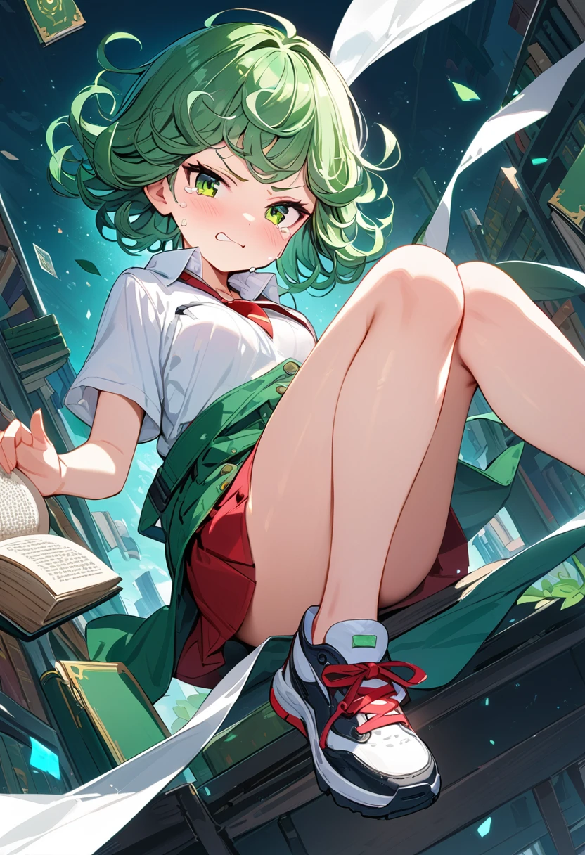 (high res, 8K, masterpiece, looking at viewer, best quality, very aesthetic, ultra detailed, ultra background, ultra Eyes) intricate details, 1girl, Tatsumaki, White short sleeve shirt, Pockets on the left side of the chest, Red short skirt, Red short tie, Black White Sneaker Shoes, Green Short hair, Green Eyes, Floating, Floating book, Cheeks Flushed, Angry Face, Crying, Background Library, School, Cinematic Angle