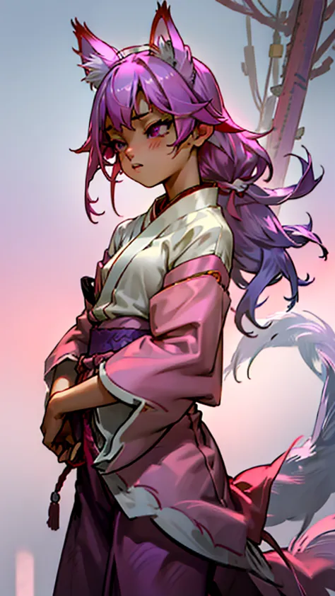 kitsune girl, small breasts, pink kitsune tail, pink kitsune ears, pink long hair, purple eyes