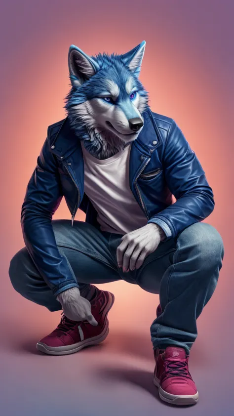 furry male blue wolf crouching with legs spread, blue jeans and pink shirts, black jacket, pink blue gradient background, blue e...