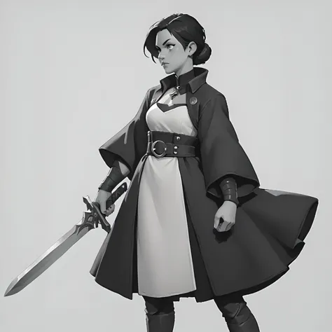 a girl , with black and white clothing using a sword