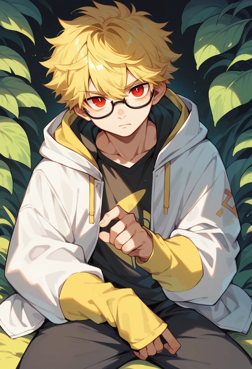 A handsome boy age 18 with white skin yellow hair Messy hairstyle Red eyes on the right and yellow eyes on the left Using glasses Wearing a white plant Hoodie and black pants. He poses with two fingers and smiles.