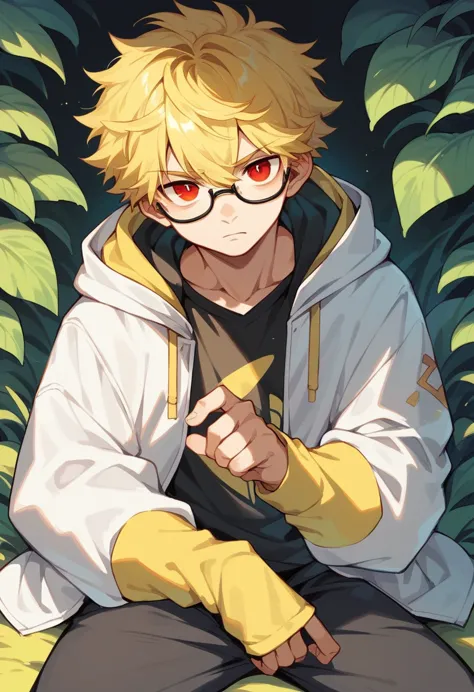 a handsome boy age 18 with white skin yellow hair messy hairstyle red eyes on the right and yellow eyes on the left using glasse...