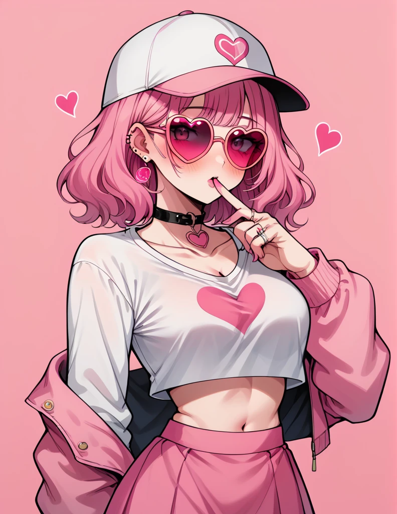 Neon Doom XL, score_9_superior, score_8_superior, score_7_superior, score_6_superior, One girl, alone, Have, jewelry, ring, heart, View your viewers, 丸Glasses, Short Bob,Wavy Hair, skirt, Baseball cap, Pink Nails, Pink Theme, choker, earrings, pink-色付きGlasses, sunGlasses, chest, Pink Hair, Neon Light, Put your finger to your mouth, shirt, 丸いGlasses, pink skirt, white shirt, ear Earrings, Pink hat, Glasses, Crop top, pink jacket, Manicure, heart-shaped eyewear, superiorper body, Earrings, collar, Long sleeve, abdomen 