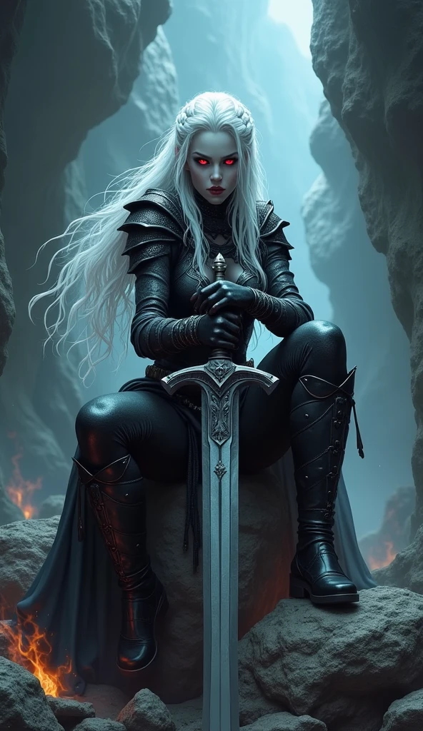 Drow female from baldur's gate, best quality, ultra-detailed CG unity 8k wallpaper,   sitting on a boulder, high resolution, dynamic pose, beautiful face, (dark warrior attire, red eyes), depth of field, underdark setting, magic light), vicious grin, (high fantasy) (white Hair, single braid), weilding a greatsword