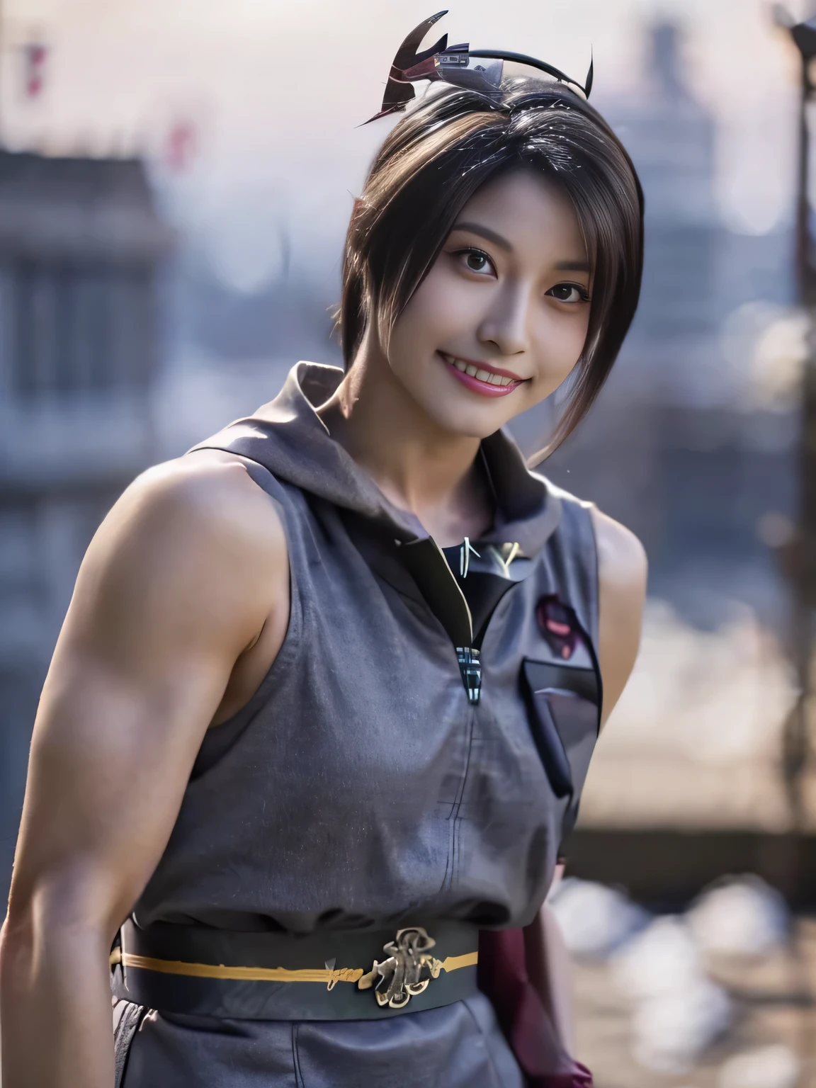 20 year old Japanese beauty，One woman、Muscular body like a bodybuilder、Emphasize the breasts、He wears a headband on his head、Slit eyes、A head-to-toe view，Bust is very very small、The background is a snowy country、High quality photos、Clear, crisp images of the lower body、Masterpiece 8k、Smiling、Is doing a high kick、From the front, from the side, from the back, etc.々from what camera angle to shoot、Orange Ninja Costume、The clothes are embroidered with dragons.、I'm wearing sunglasses