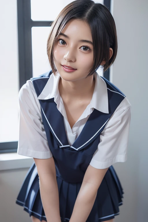 masterpiece, Highest quality, high resolution,High school girl 10.0,Very detailed,Asian Beauty,Open your mouth and laugh,Iris,Natural Beauty,Cinematic,Mid-chest,I am in school.,Showing from knees 10.0,(Wearing uniform:1.1),Cleavage,Supple and soft limbs,Narrow eyes and light eye makeup,Less uneven under-eye bags,Very detailedなな目と顔,Glossy Lips,I'm about to cry 10.0,Inner thighs,Sparkling eyes,Droopy eyes,(short hair:1.2),Leaning forward,