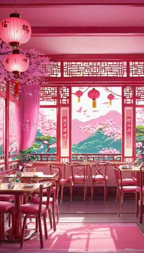 chinahouse、chinese restaurant、love and u、pink、pop、illustrated style、background、unmanned、no one there、cute、chinese style、pop impr...