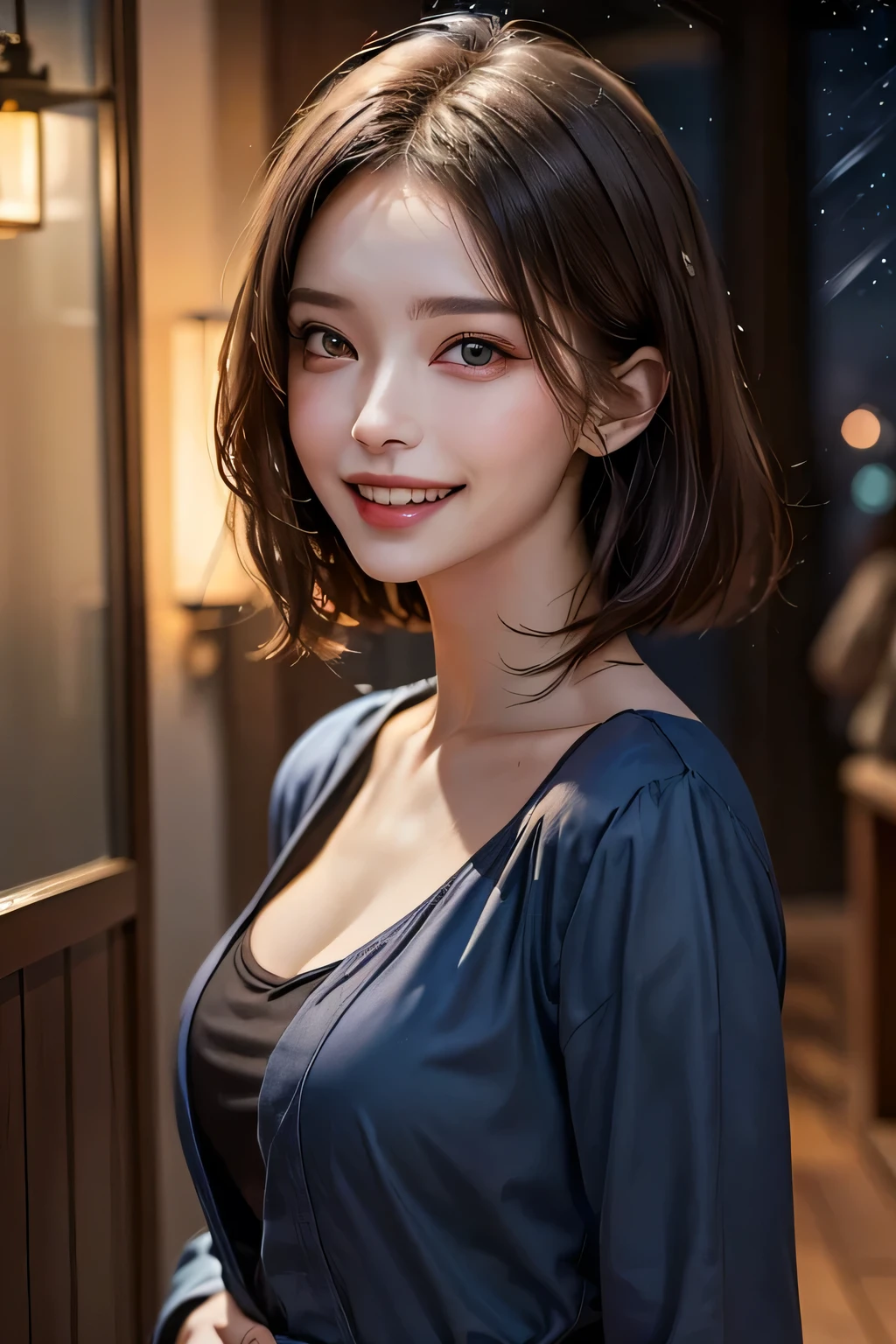 (highest quality, 8k, 32K, masterpiece), (Realistic), (Realistic:1.2), (High resolution), (night:1.7), Japan, cyber punk, 街の景Farbe, In front of the window,Wooden floor, Blue jacket, Grey Shirt, clavicle, jewelry, gem, Brunette Bob, 1 female, 4, (Grin), Beautiful body, beautifulNose, beautifulcharacter design, Perfect Eyes, perfectface, Expressive eyes, View your viewers, Center the image, (Cowboy Shot), Official Art, Very detailed CG Unity 8k wallpaper, Perfect lighting,Farbeful, bright_front_face_Lighting,Glowing Skin, (masterpiece:1.0),(Highest_quality:1.0), 超High resolution,4K,Very detailed, photograph, 8k, High resolution, High resolution, absurdes:1.2, Kodak Port 400, Film Grain, Blurred Background, bokeh:1.2, Lens flare, (Vibrant_Farbe:1.2) (beautiful,chest), (beautiful_face:1.5),(narrow_Waist)