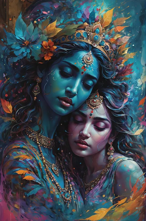 an ethereal and abstract digital painting of radha and krishna, centered and looking directly at the viewer. the scene is bathed...