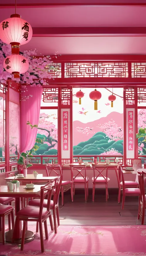 chinahouse、chinese restaurant、love and u、pink、pop、illustrated style、background、unmanned、no one there、cute、chinese style、pop impr...