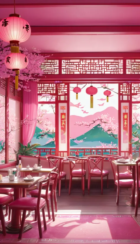 chinahouse、chinese restaurant、love and u、pink、pop、illustrated style、background、unmanned、no one there、cute、chinese style、pop impr...