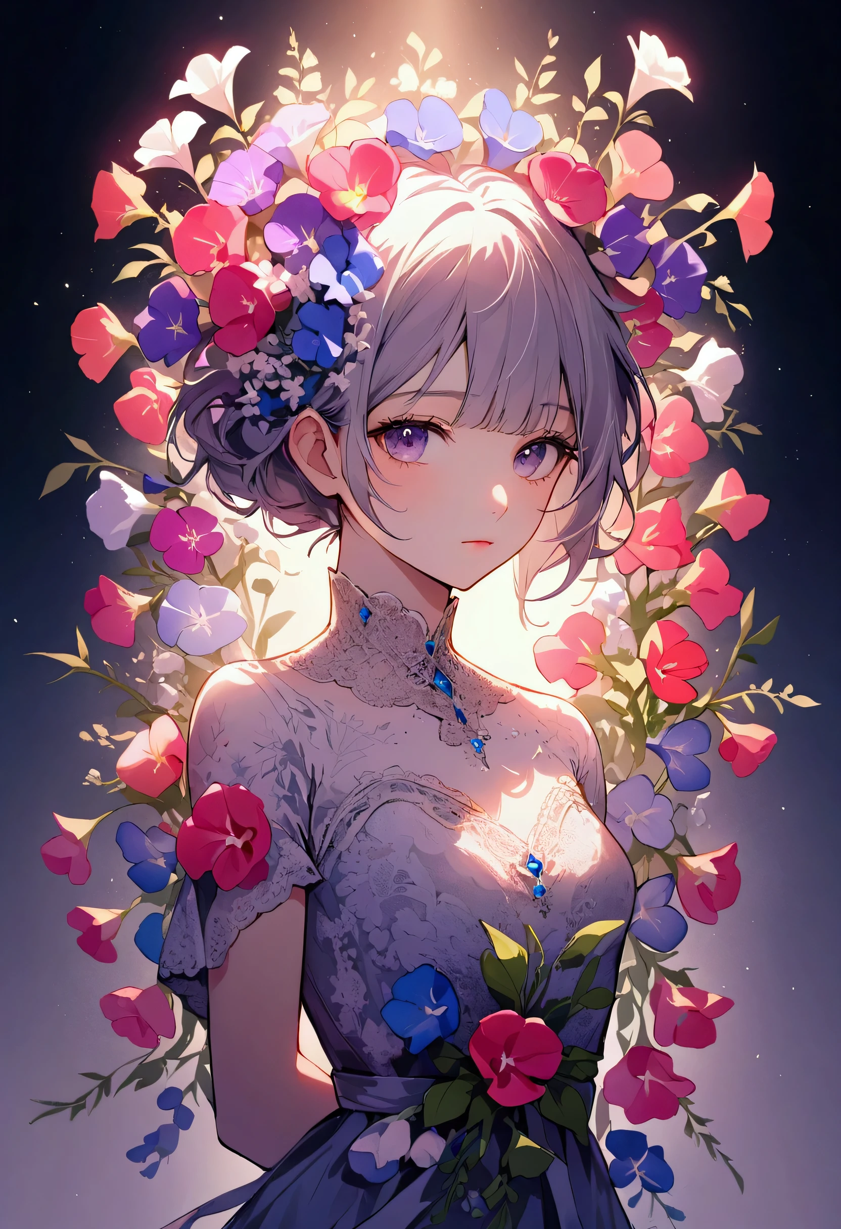 Convert your flower art into a hand-drawn illustration.、Create backgrounds with vibrant colors and unique touches　The type of flower is statice、Gypsophila、sweet pea、Mix in some lace flowers, arms behind back, portrait, face portrait, 