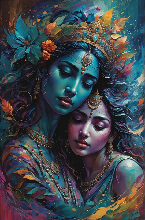 an ethereal and abstract digital painting of radha and krishna, centered and looking directly at the viewer. the scene is bathed...