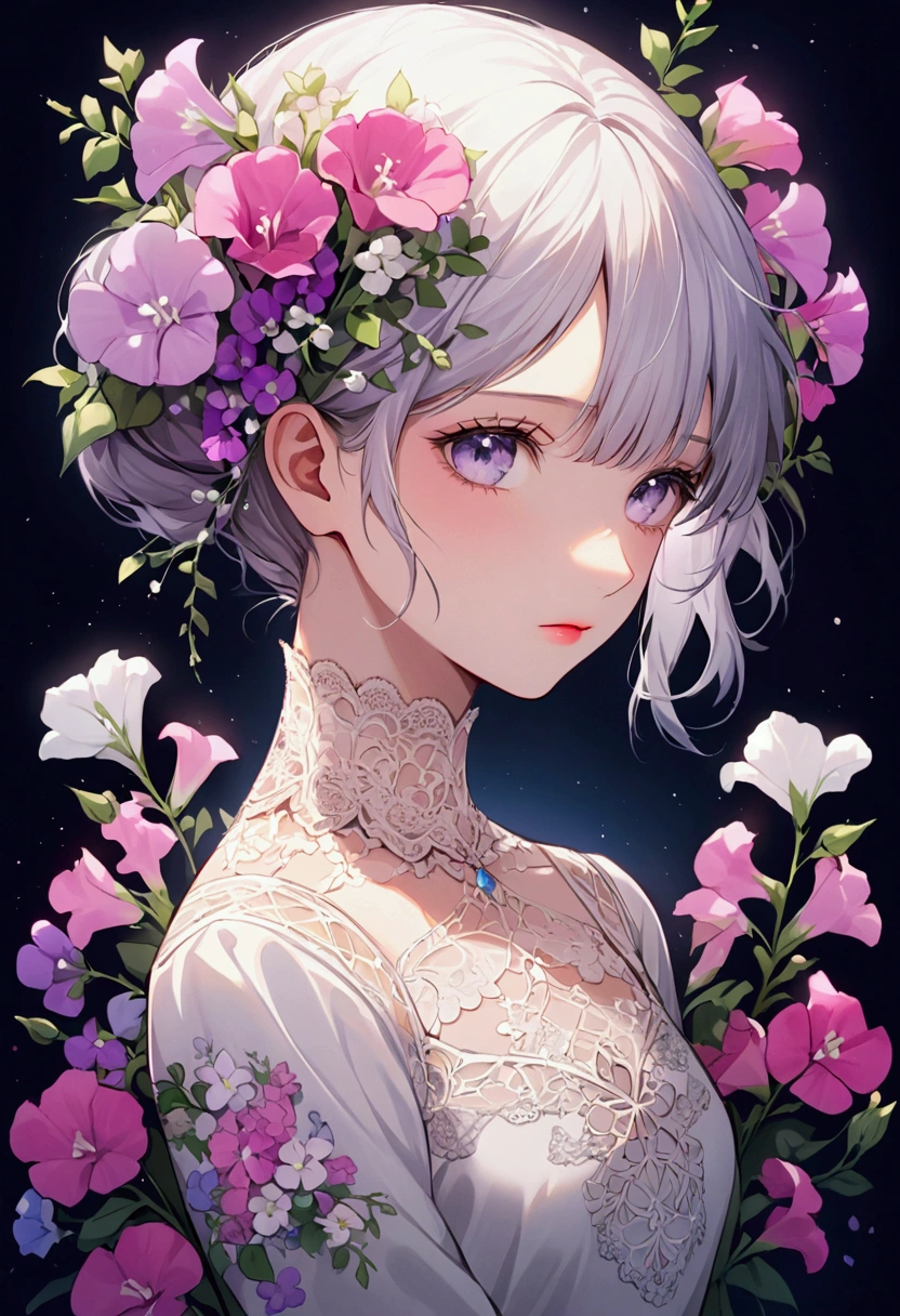 Convert your flower art into a hand-drawn illustration.、Create backgrounds with vibrant colors and unique touches　The type of flower is statice、Gypsophila、sweet pea、Mix in some lace flowers, arms behind back, portrait, face portrait, 