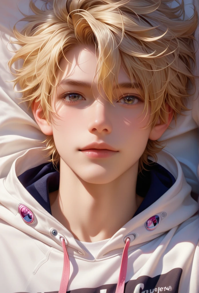 score_9, score_8_up, score_7_up, A hyper realistic ultra detailed photo of hansome man, fancy hair ,  golden blonde  hair, ultrarealistic, cute,  body, perky boobs, perfecteyes, , upper body  , close up, portrait, looking at viewer, amusement  ,  laying on back  ,  casual outdoor background, wearing hoodie T-shirt , wearing a pink and white jacket and her name 'Dilmi' has written on that.