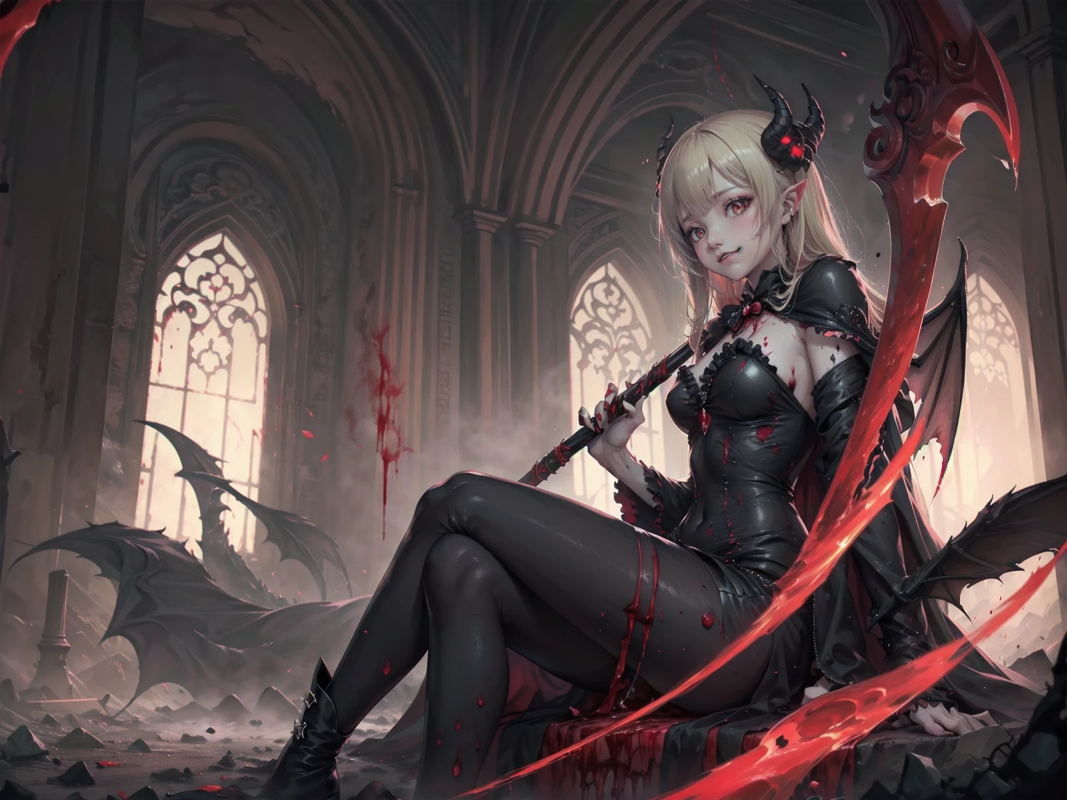 shaded face　、Holding a weapon、Looking at the viewers with a frightening expression、beautiful girl、とてもcute天使、Pink Gothic Fashion、cute、Baby Face、smile、Long skirt、Black long boots、.(Highest quality,4K,High resolution,masterpiece:1.2),Very detailed,Realistic:1.37,Spooky altar background,Dark fantasy,Red color scheme,Ominous atmosphere,Eye-catching,Storytelling,anatomy,Anime Style,Concept Art,beautiful細部までこだわった顔と (((Red eyes ))),A terrifying ritual ,Satanic Ritual,Premature death,inappropriate behavior,クレイジーなsmile,Scythe Face,Girl Monster, beautiful, Delicate facial features, Sharp Eye, Sharp Fangs, pale skin, Dark Background, Cinema Lighting, Dramatic Shadows, Gothic style, Gloomy atmosphere, Dark fantasy, one person&#39;s, Please open your mouth wide, Open your mouth and baring your teeth,Sharp teeth like a beast, Wide lips, very wide mouth, Vermilion cheeks, ,(Blood splatter:1.4),Scary smile, smile,Angel Design, Twisted smile、Bloody、bleeding from the head,,,,,、Blood splatter、,(Blood splatter:1.4),skull,Demon Spear,Horror Style, ((Fantasy Sweet Ta Frill Pink Costume)), ((Flowing blonde hair)), ,(Blood splatter:1.4),Female curves, Sexy flat stomach, Perfect hands, Perfect anime face, (Pink Tata Dress)), Are standing, ((邪悪なsmile)), ,(Blood splatter:1.4), Steam circulates, Moonlight Illumination, night lighting, (Blood splatter:1.6),アニメAngel Design, Twisted smile、Bloody、bleeding from the head,,,,,、Blood splatter、,(Blood splatter:1.4), skull,Gothic architecture、Western architecture、Fantasy World、,Victorian cities, Skeleton Gas Light,Absurd, High resolution、 ((Tabletop)), ((Highest quality)), (Very detailedな), ((Very detailed)), (beautiful), ((cute)), (NFSW:1.8), alone,(:1.6)、(world&#39;The most terrifying and creepy demon girl:1.5)beautiful face、Whole Body Ezbian、pale, beautiful肌、beautiful金の髪、優しくsmileむ、Dark building ruins、(snow white&#39;Frill dress:1.3)、(The dark ruins are stained with blood:1.3)、Low angle full body shot、(少女は血の海の中にAre standing:1.5)、(The ground is full of blood:1.3)、(The girl lost a lot of blood....:1.3)、(クレイジーなsmile:1.6)、Spirits、(Blood dripping from the mouth:1.3)、
